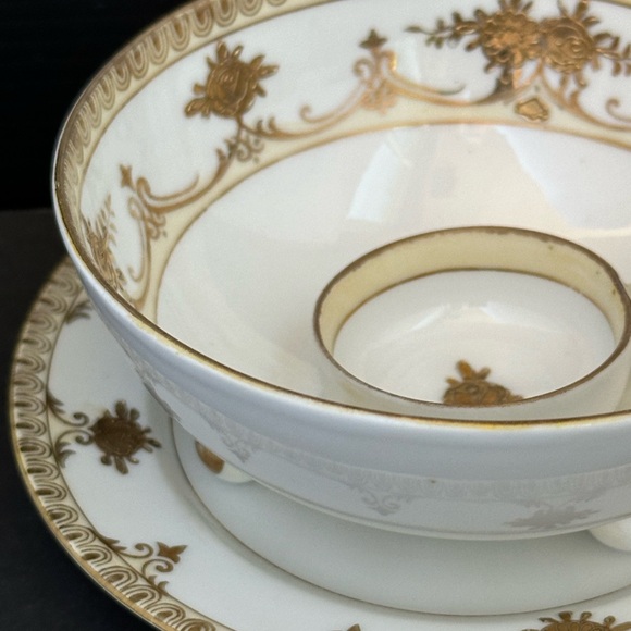 Antique NIPPON 3 Footed Condiment Bowl Plate & Ladle w Hand-painted Gold Flowers - Picture 9 of 12